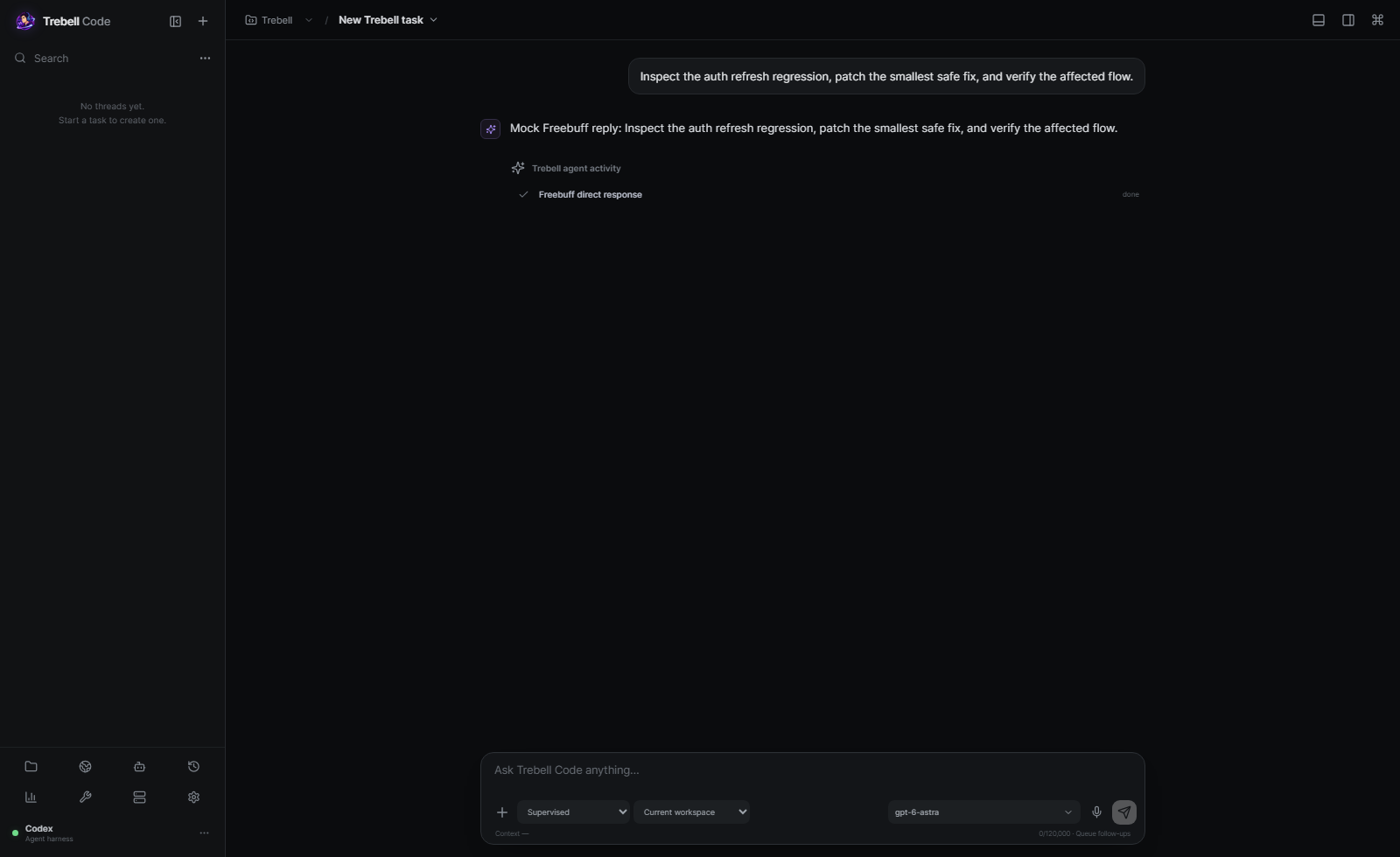 Trebell Code desktop workspace in dark mode